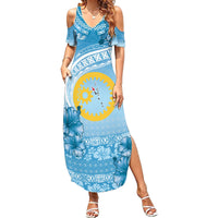 Sanma Vanuatu Family Matching Summer Maxi Dress and Hawaiian Shirt Hibiscus Sand Drawing with Pacific Pattern LT9 Mom's Dress Blue Art - Polynesian Pride