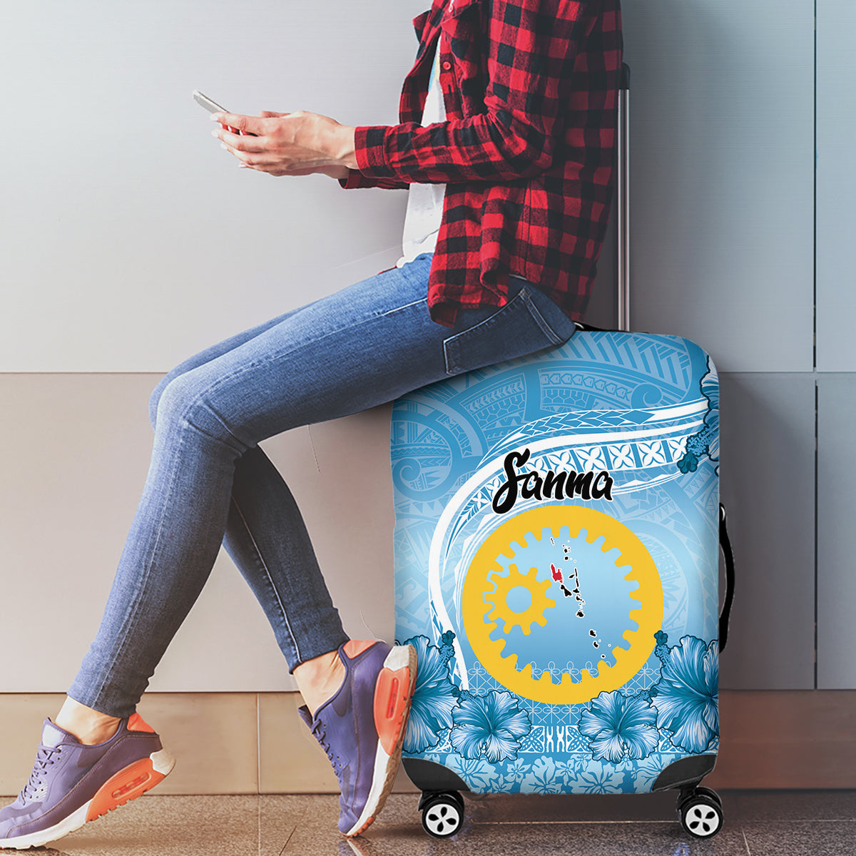 Sanma Vanuatu Luggage Cover Hibiscus Sand Drawing with Pacific Pattern