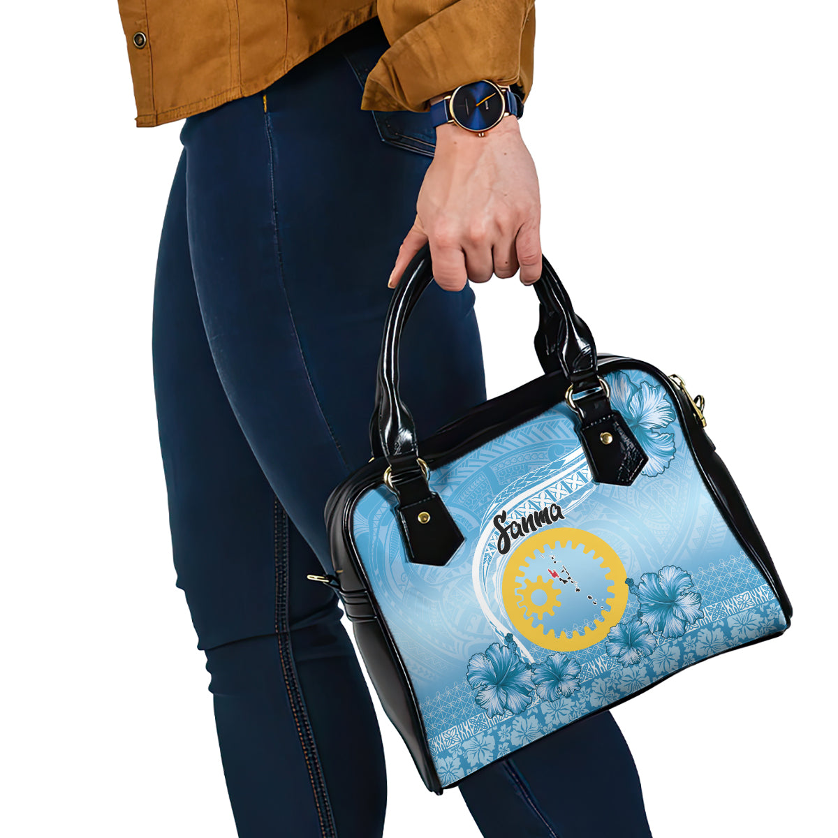 Sanma Vanuatu Shoulder Handbag Hibiscus Sand Drawing with Pacific Pattern