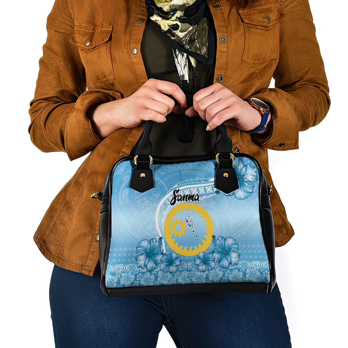 Sanma Vanuatu Shoulder Handbag Hibiscus Sand Drawing with Pacific Pattern