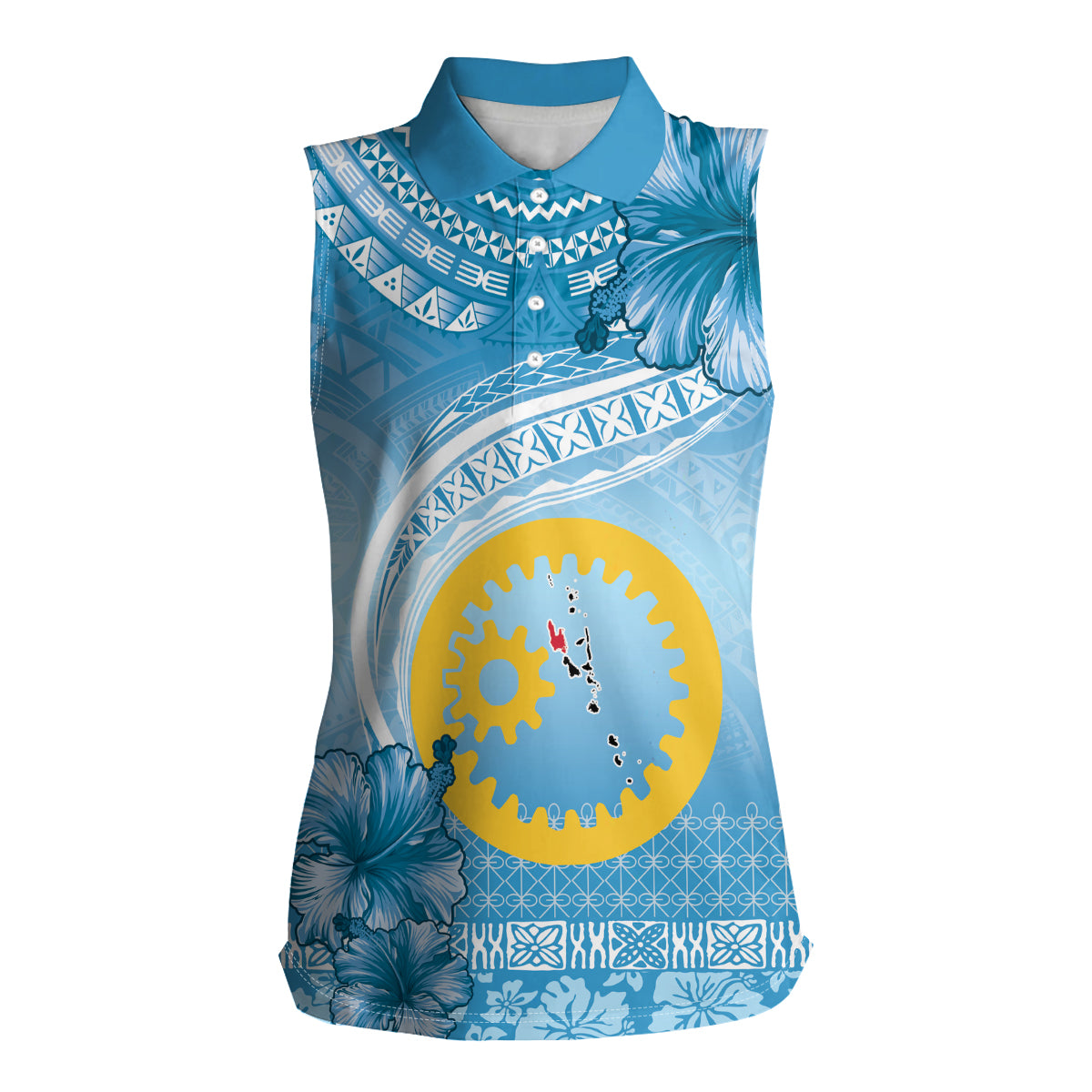 Sanma Vanuatu Women Sleeveless Polo Shirt Hibiscus Sand Drawing with Pacific Pattern
