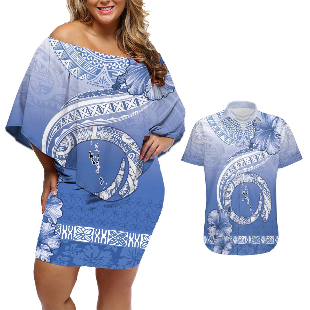 Shefa Vanuatu Couples Matching Off Shoulder Short Dress and Hawaiian Shirt Hibiscus Sand Drawing with Pacific Pattern LT9 Blue Art - Polynesian Pride