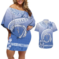 Shefa Vanuatu Couples Matching Off Shoulder Short Dress and Hawaiian Shirt Hibiscus Sand Drawing with Pacific Pattern LT9 Blue Art - Polynesian Pride