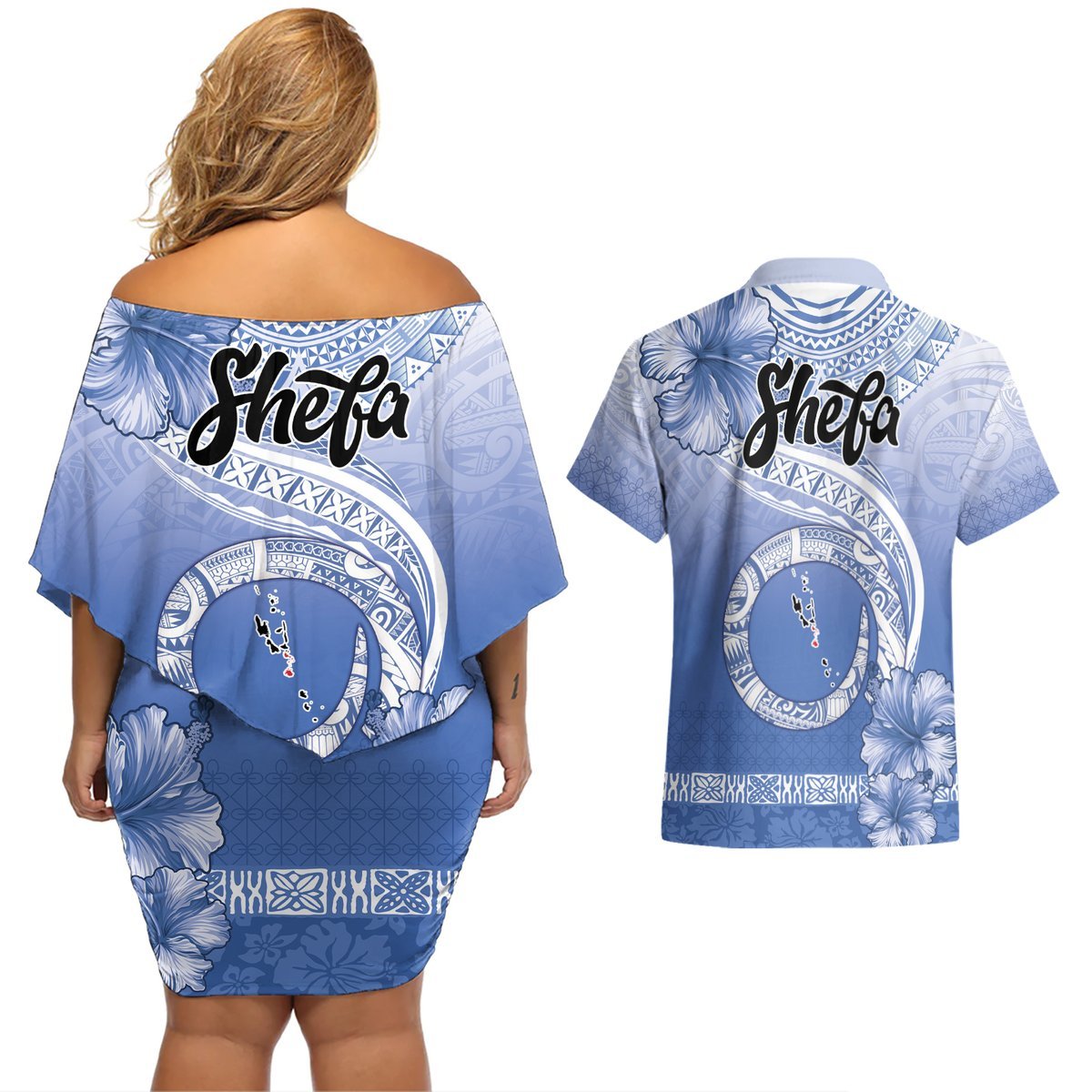 Shefa Vanuatu Couples Matching Off Shoulder Short Dress and Hawaiian Shirt Hibiscus Sand Drawing with Pacific Pattern LT9 - Polynesian Pride