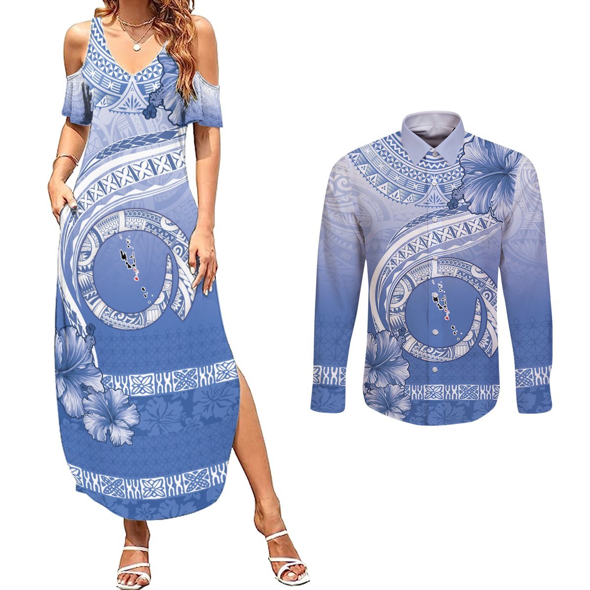 Shefa Vanuatu Couples Matching Summer Maxi Dress and Long Sleeve Button Shirt Hibiscus Sand Drawing with Pacific Pattern LT9 Blue Art - Polynesian Pride