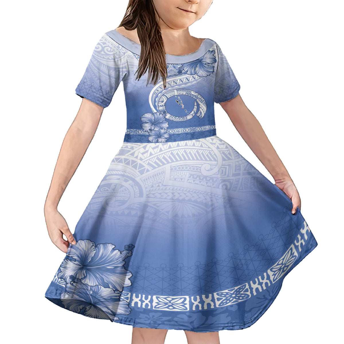 Shefa Vanuatu Family Matching Long Sleeve Bodycon Dress and Hawaiian Shirt Hibiscus Sand Drawing with Pacific Pattern LT9 Daughter's Dress Blue Art - Polynesian Pride
