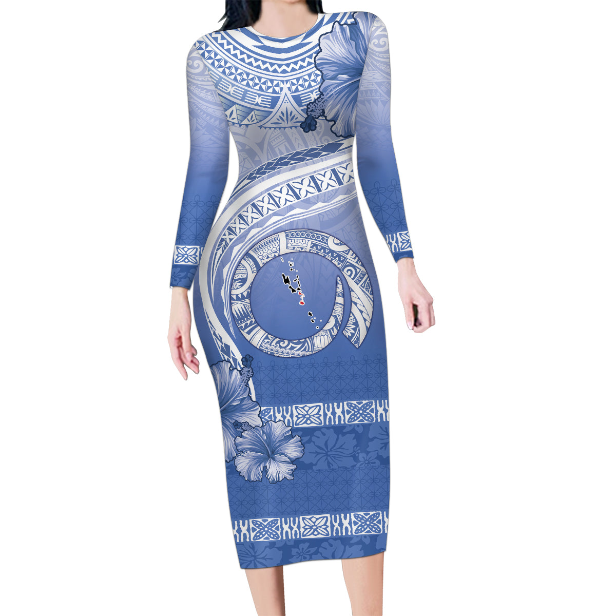 Shefa Vanuatu Family Matching Long Sleeve Bodycon Dress and Hawaiian Shirt Hibiscus Sand Drawing with Pacific Pattern LT9 Mom's Dress Blue Art - Polynesian Pride