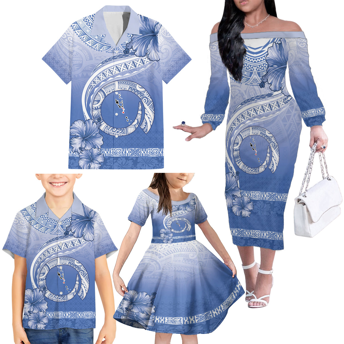 Shefa Vanuatu Family Matching Off The Shoulder Long Sleeve Dress and Hawaiian Shirt Hibiscus Sand Drawing with Pacific Pattern LT9 - Polynesian Pride