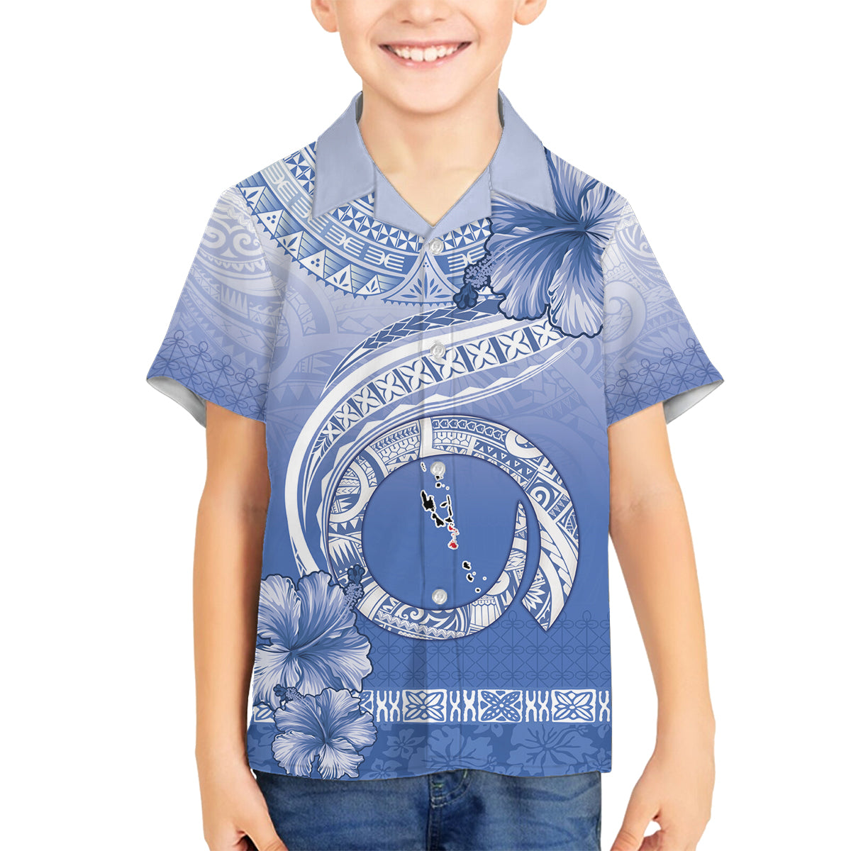 Shefa Vanuatu Family Matching Off The Shoulder Long Sleeve Dress and Hawaiian Shirt Hibiscus Sand Drawing with Pacific Pattern LT9 Son's Shirt Blue Art - Polynesian Pride