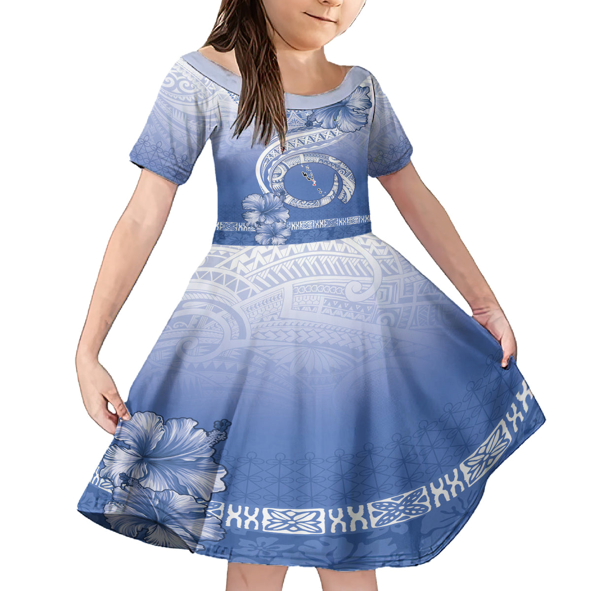 Shefa Vanuatu Family Matching Short Sleeve Bodycon Dress and Hawaiian Shirt Hibiscus Sand Drawing with Pacific Pattern LT9 Daughter's Dress Blue Art - Polynesian Pride