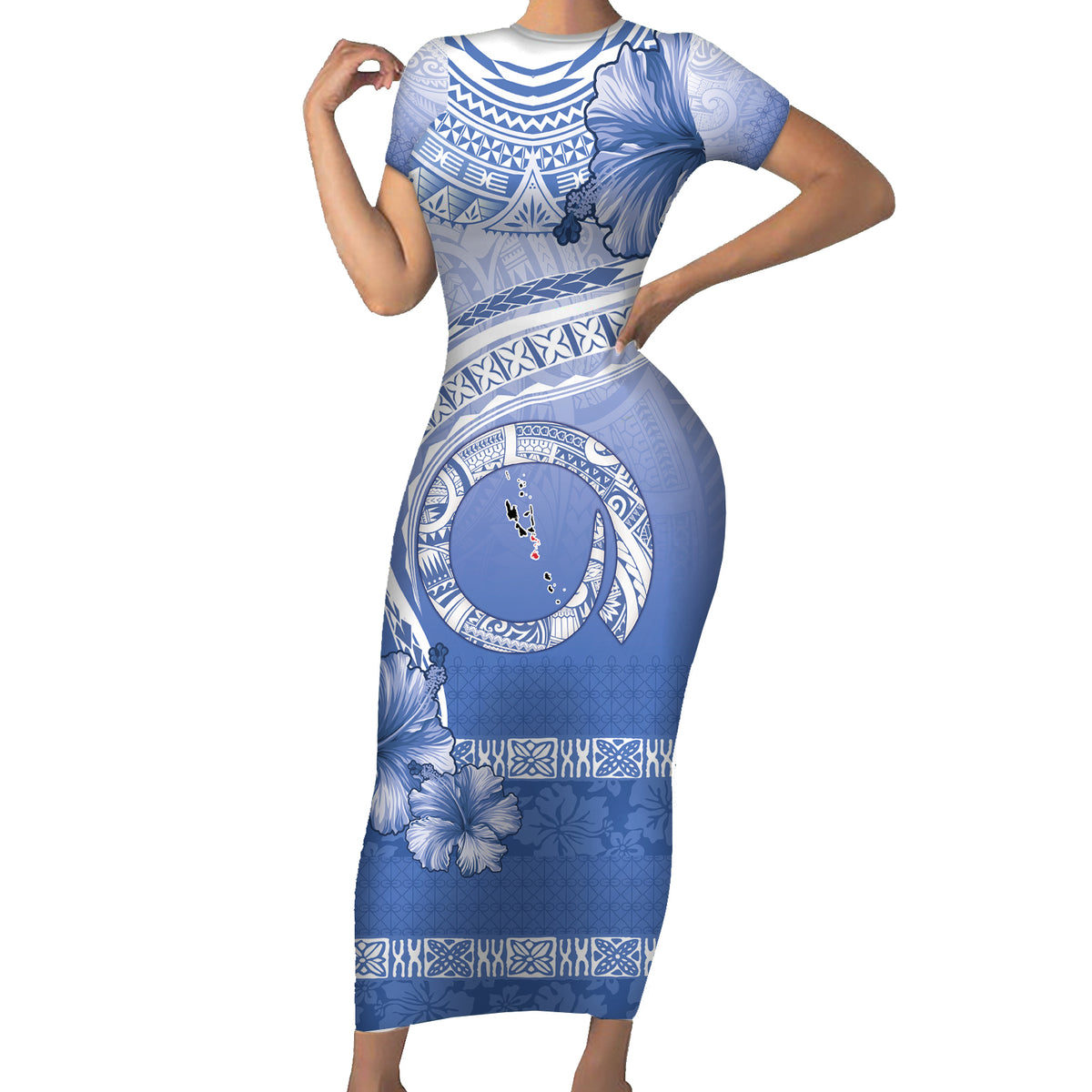 Shefa Vanuatu Family Matching Short Sleeve Bodycon Dress and Hawaiian Shirt Hibiscus Sand Drawing with Pacific Pattern LT9 Mom's Dress Blue Art - Polynesian Pride