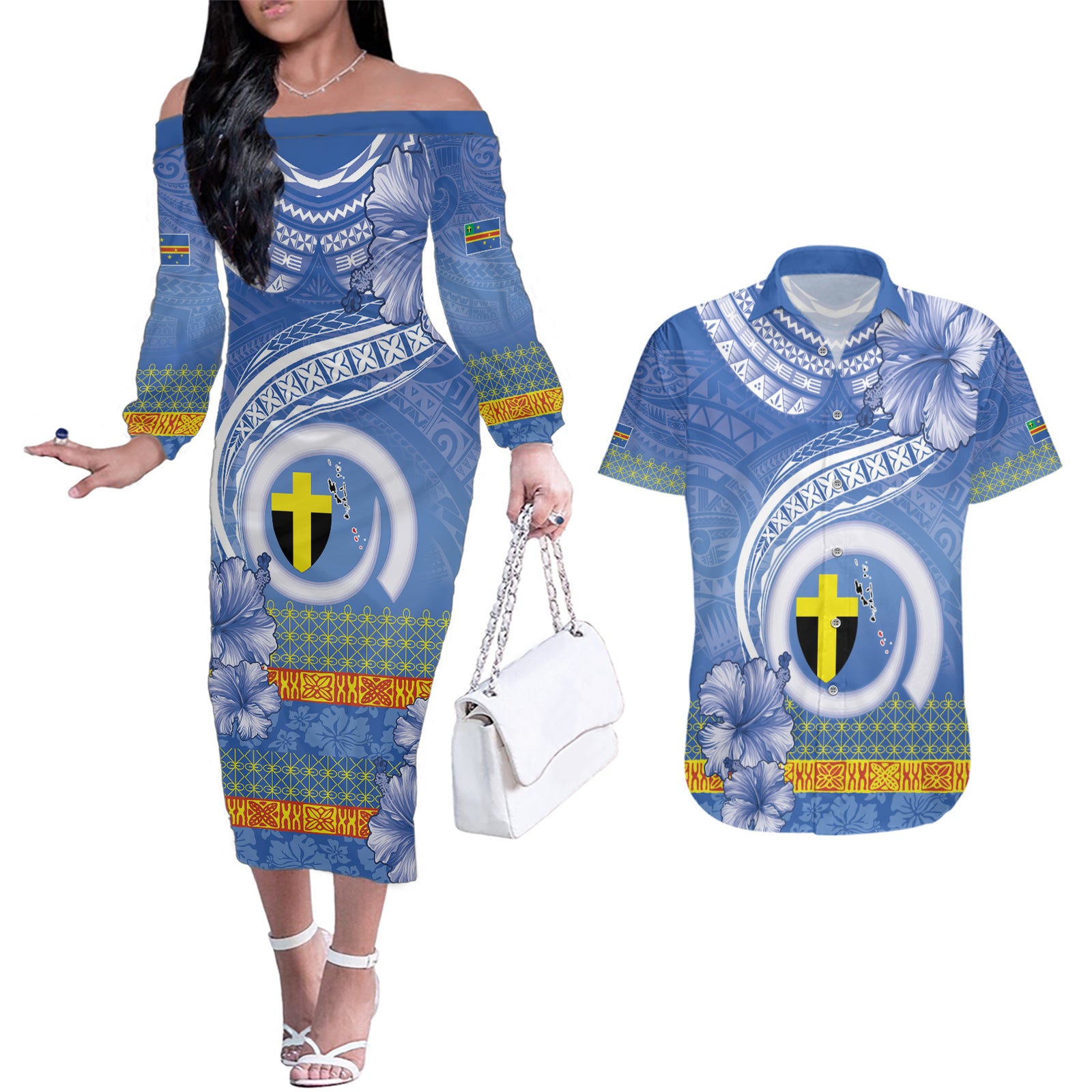 Tafea Vanuatu Couples Matching Off The Shoulder Long Sleeve Dress and Hawaiian Shirt Hibiscus Sand Drawing with Pacific Pattern