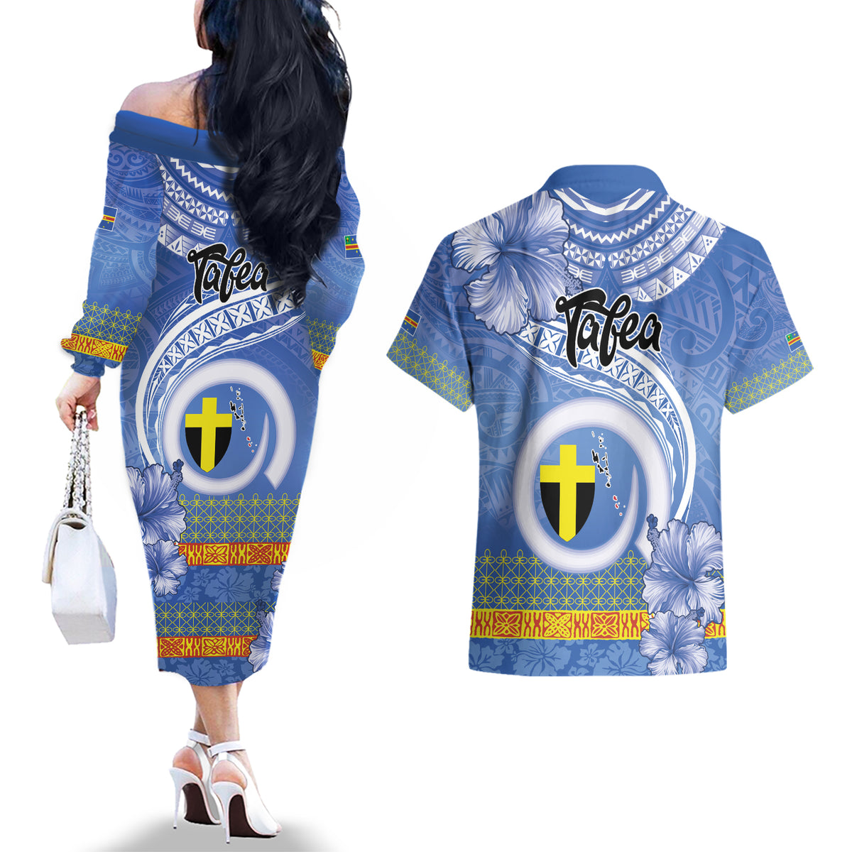 Tafea Vanuatu Couples Matching Off The Shoulder Long Sleeve Dress and Hawaiian Shirt Hibiscus Sand Drawing with Pacific Pattern