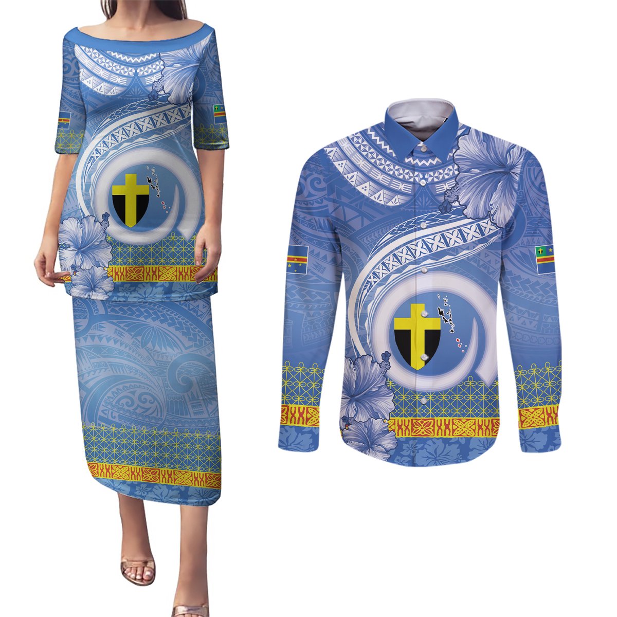 Tafea Vanuatu Couples Matching Puletasi and Long Sleeve Button Shirt Hibiscus Sand Drawing with Pacific Pattern