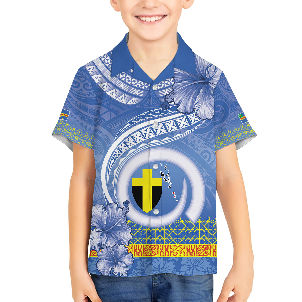 Tafea Vanuatu Family Matching Off The Shoulder Long Sleeve Dress and Hawaiian Shirt Hibiscus Sand Drawing with Pacific Pattern LT9 Son's Shirt Blue Art - Polynesian Pride