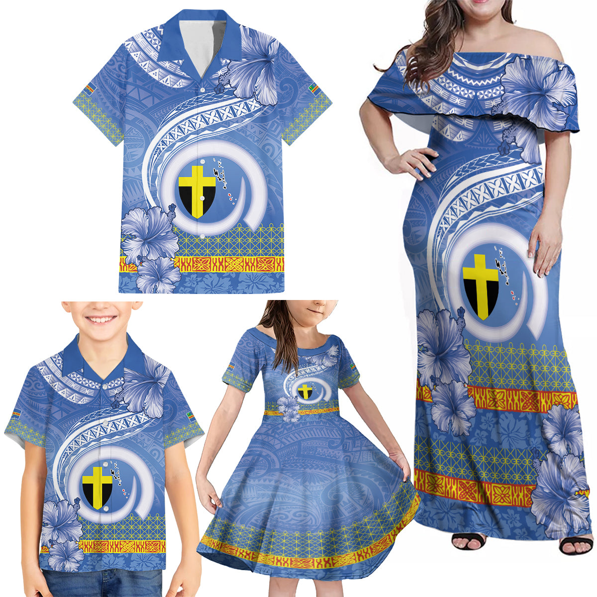 Tafea Vanuatu Family Matching Off Shoulder Maxi Dress and Hawaiian Shirt Hibiscus Sand Drawing with Pacific Pattern LT9 - Polynesian Pride