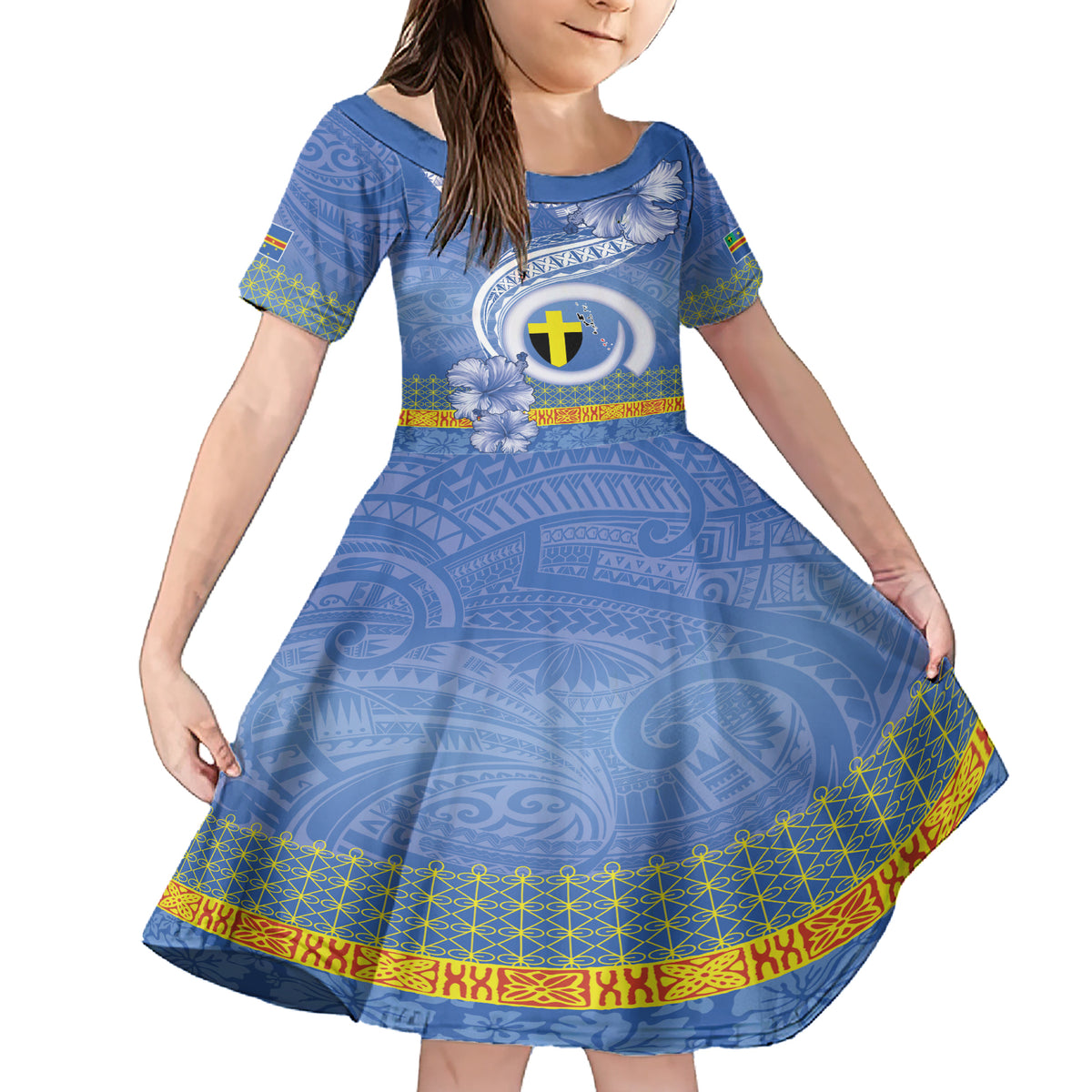Tafea Vanuatu Family Matching Short Sleeve Bodycon Dress and Hawaiian Shirt Hibiscus Sand Drawing with Pacific Pattern LT9 Daughter's Dress Blue Art - Polynesian Pride