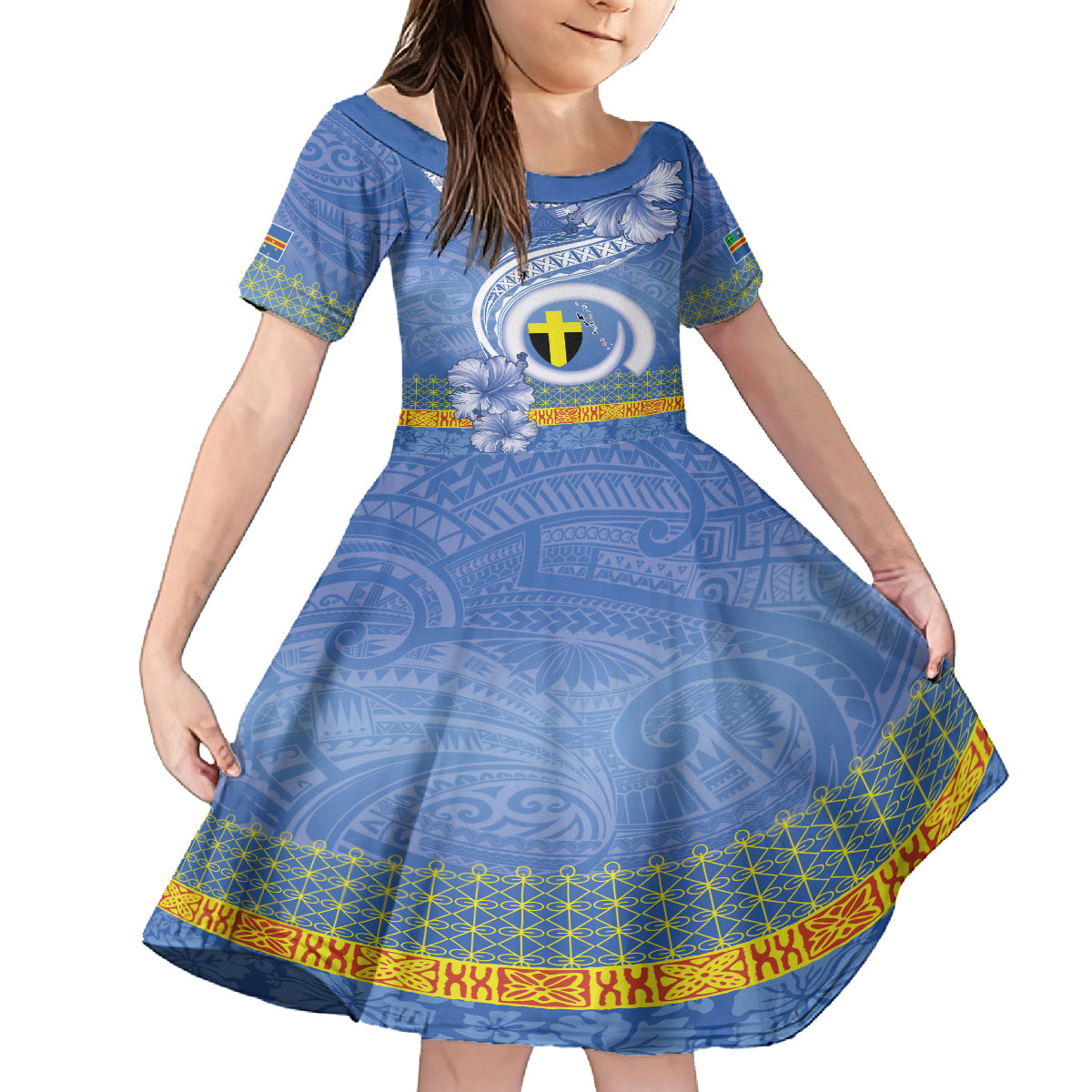 Tafea Vanuatu Family Matching Tank Maxi Dress and Hawaiian Shirt Hibiscus Sand Drawing with Pacific Pattern LT9 Daughter's Dress Blue Art - Polynesian Pride