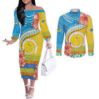 Torba Vanuatu Couples Matching Off The Shoulder Long Sleeve Dress and Long Sleeve Button Shirt Hibiscus Sand Drawing with Pacific Pattern LT9 Green Gold - Polynesian Pride