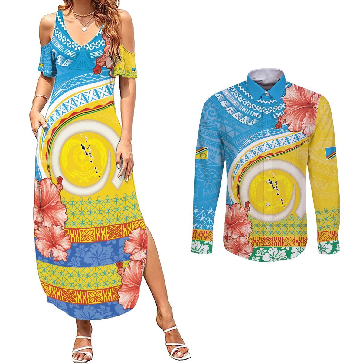 Torba Vanuatu Couples Matching Summer Maxi Dress and Long Sleeve Button Shirt Hibiscus Sand Drawing with Pacific Pattern LT9 Green Gold - Polynesian Pride