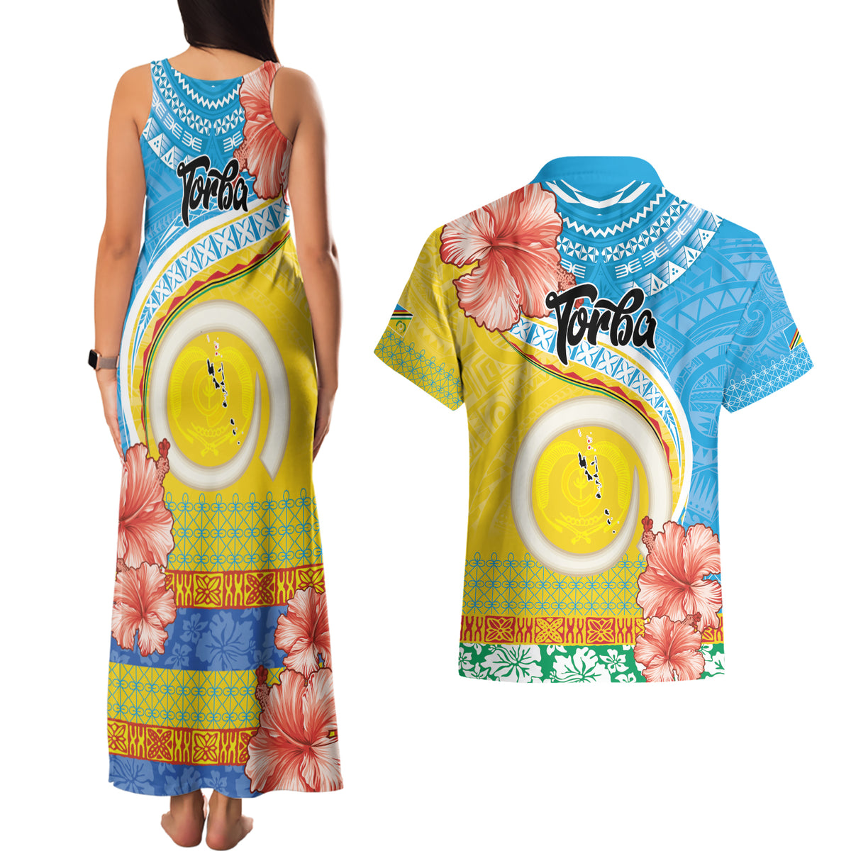 Torba Vanuatu Couples Matching Tank Maxi Dress and Hawaiian Shirt Hibiscus Sand Drawing with Pacific Pattern