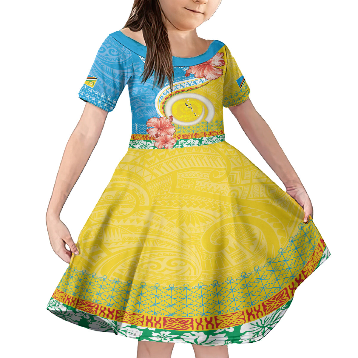 Torba Vanuatu Family Matching Long Sleeve Bodycon Dress and Hawaiian Shirt Hibiscus Sand Drawing with Pacific Pattern LT9 Daughter's Dress Green Gold - Polynesian Pride