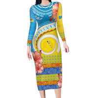 Torba Vanuatu Family Matching Long Sleeve Bodycon Dress and Hawaiian Shirt Hibiscus Sand Drawing with Pacific Pattern LT9 Mom's Dress Green Gold - Polynesian Pride