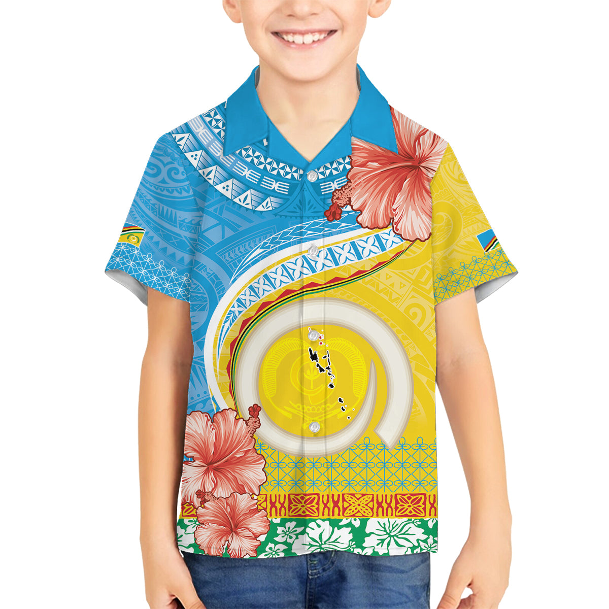 Torba Vanuatu Family Matching Long Sleeve Bodycon Dress and Hawaiian Shirt Hibiscus Sand Drawing with Pacific Pattern LT9 Son's Shirt Green Gold - Polynesian Pride