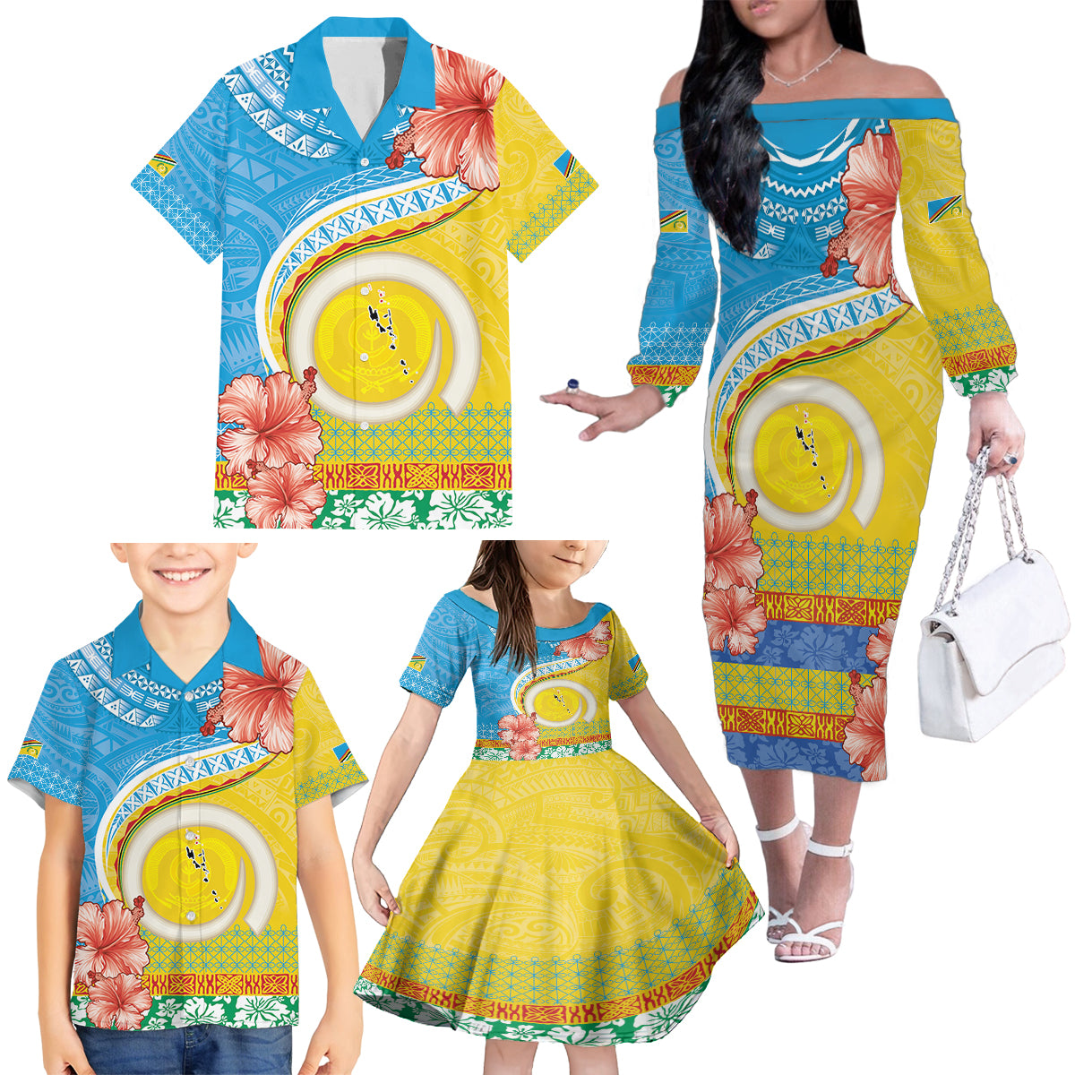 Torba Vanuatu Family Matching Off The Shoulder Long Sleeve Dress and Hawaiian Shirt Hibiscus Sand Drawing with Pacific Pattern LT9 - Polynesian Pride