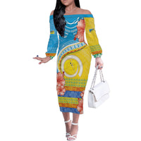 Torba Vanuatu Family Matching Off The Shoulder Long Sleeve Dress and Hawaiian Shirt Hibiscus Sand Drawing with Pacific Pattern LT9 Mom's Dress Green Gold - Polynesian Pride