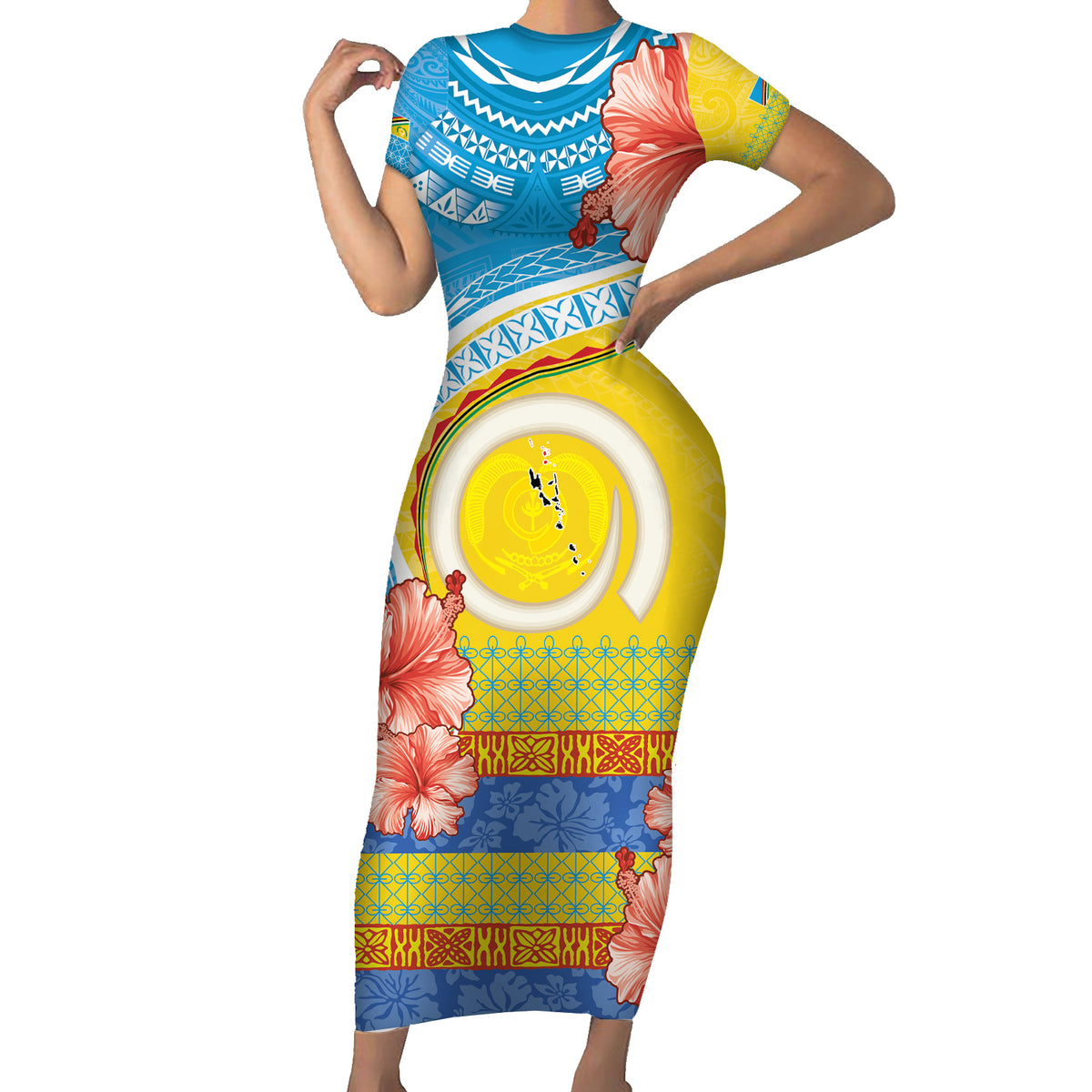 Torba Vanuatu Family Matching Short Sleeve Bodycon Dress and Hawaiian Shirt Hibiscus Sand Drawing with Pacific Pattern LT9 Mom's Dress Green Gold - Polynesian Pride