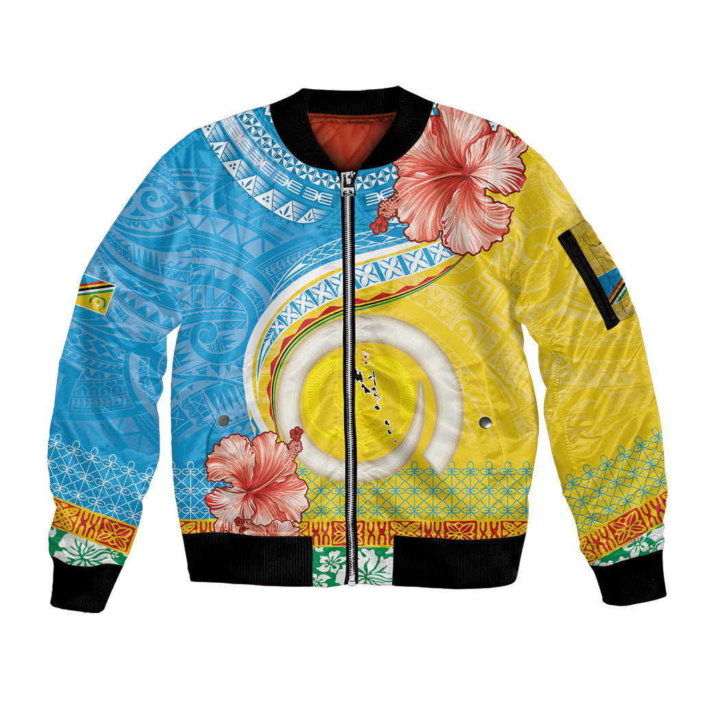 Torba Vanuatu Sleeve Zip Bomber Jacket Hibiscus Sand Drawing with Pacific Pattern LT9 Unisex Green Gold - Polynesian Pride