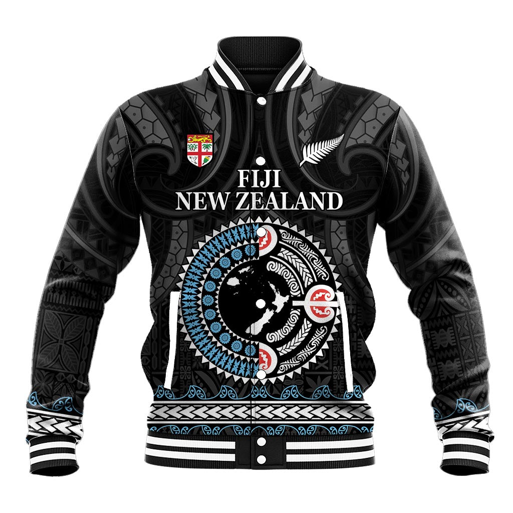 Custom Fiji and New Zealand Baseball Jacket Maori Fern Mix Tapa Tribal Unique LT9 Unisex Black - Polynesian Pride