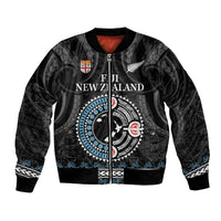 Custom Fiji and New Zealand Bomber Jacket Maori Fern Mix Tapa Tribal Unique LT9 Unisex Black - Polynesian Pride