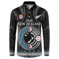 Custom Fiji and New Zealand Button Sweatshirt Maori Fern Mix Tapa Tribal Unique LT9 Black - Polynesian Pride