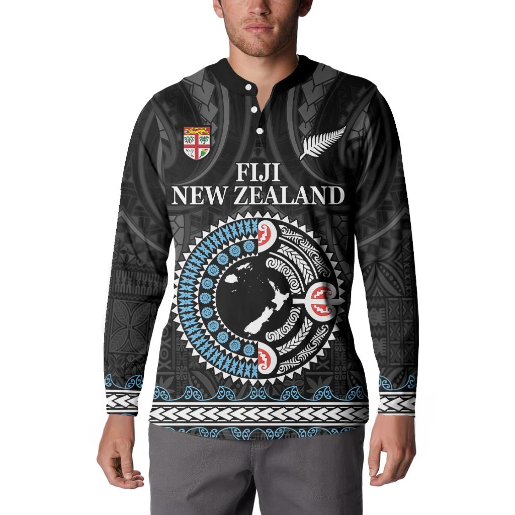 Custom Fiji and New Zealand Button Sweatshirt Maori Fern Mix Tapa Tribal Unique LT9 - Polynesian Pride
