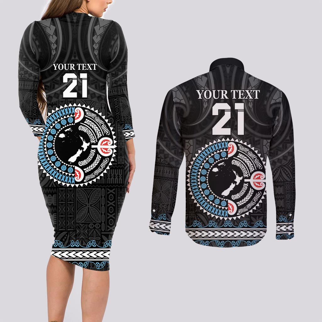Custom Fiji and New Zealand Couples Matching Long Sleeve Bodycon Dress and Long Sleeve Button Shirt Maori Fern Mix Tapa Tribal Unique LT9 - Polynesian Pride