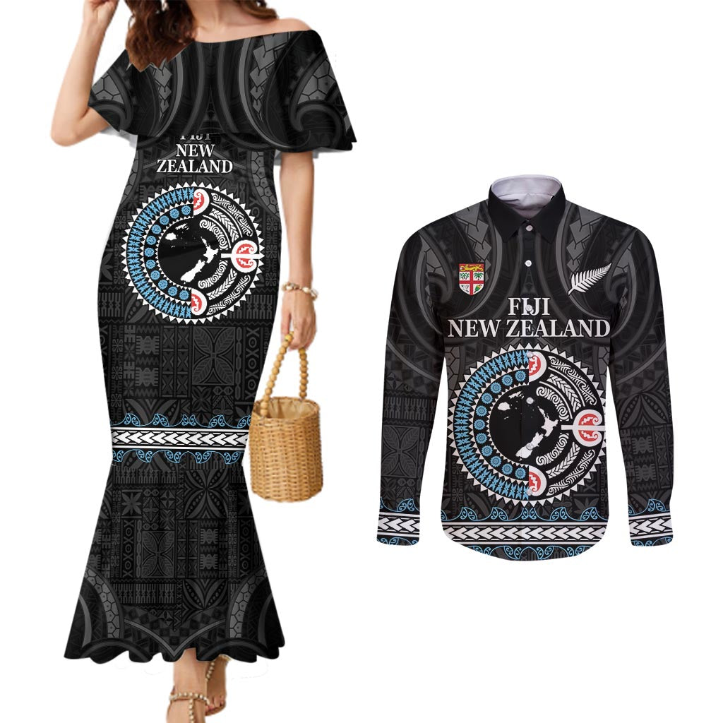 Custom Fiji and New Zealand Couples Matching Mermaid Dress and Long Sleeve Button Shirt Maori Fern Mix Tapa Tribal Unique LT9 Black - Polynesian Pride