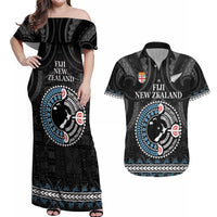 Custom Fiji and New Zealand Couples Matching Off Shoulder Maxi Dress and Hawaiian Shirt Maori Fern Mix Tapa Tribal Unique LT9 Black - Polynesian Pride