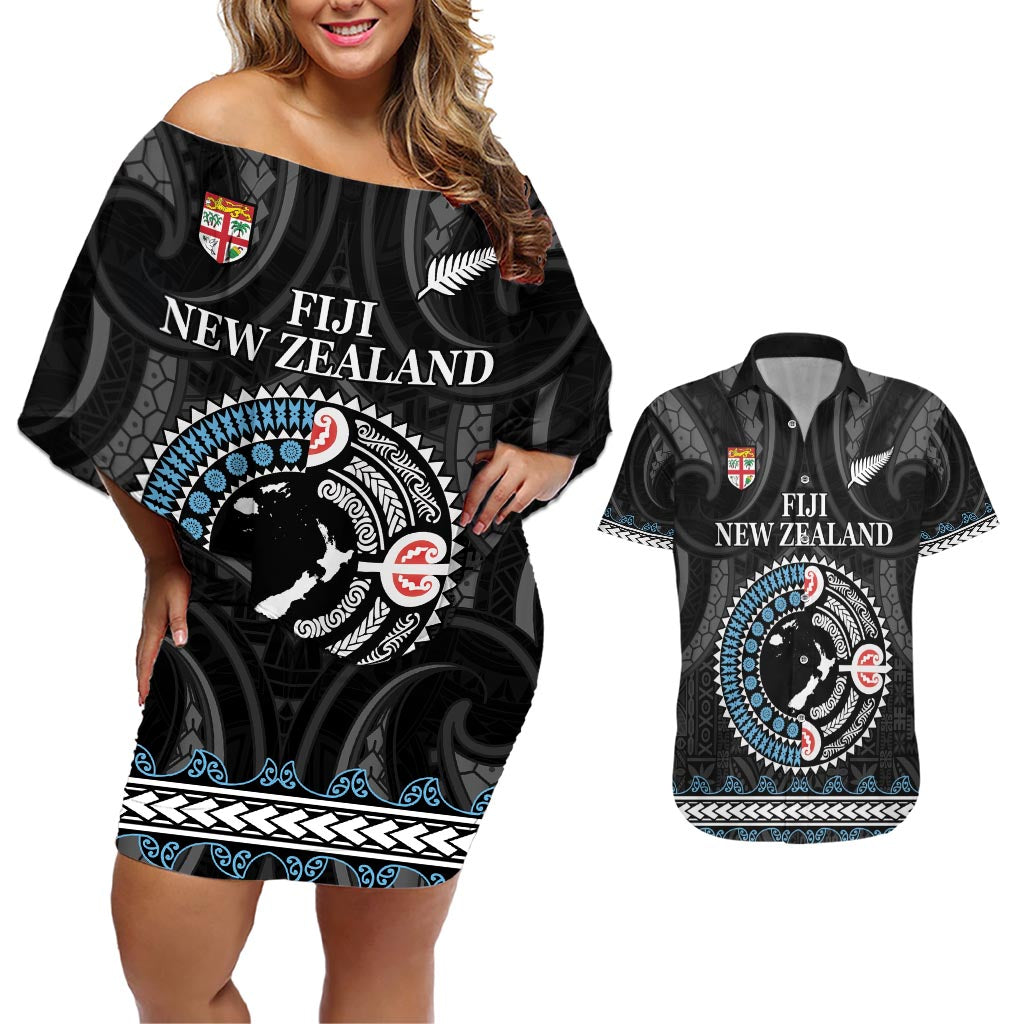 Custom Fiji and New Zealand Couples Matching Off Shoulder Short Dress and Hawaiian Shirt Maori Fern Mix Tapa Tribal Unique LT9 Black - Polynesian Pride