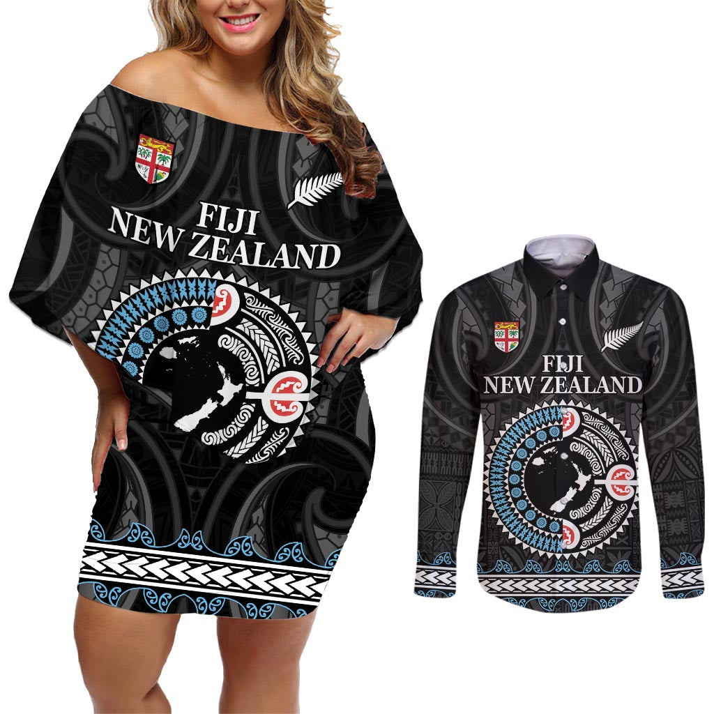 Custom Fiji and New Zealand Couples Matching Off Shoulder Short Dress and Long Sleeve Button Shirt Maori Fern Mix Tapa Tribal Unique LT9 Black - Polynesian Pride