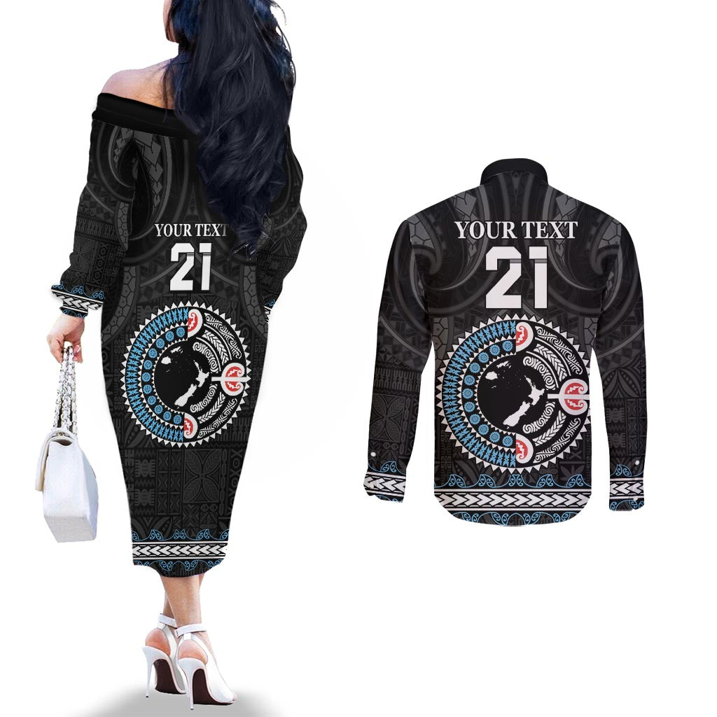 Custom Fiji and New Zealand Couples Matching Off The Shoulder Long Sleeve Dress and Long Sleeve Button Shirt Maori Fern Mix Tapa Tribal Unique LT9 - Polynesian Pride