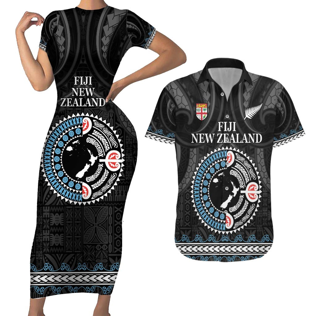 Custom Fiji and New Zealand Couples Matching Short Sleeve Bodycon Dress and Hawaiian Shirt Maori Fern Mix Tapa Tribal Unique LT9 Black - Polynesian Pride