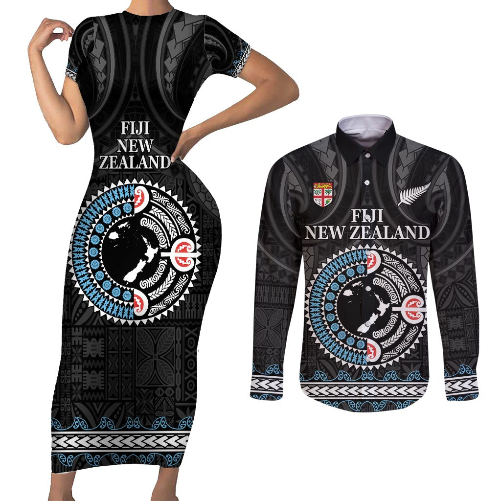 Custom Fiji and New Zealand Couples Matching Short Sleeve Bodycon Dress and Long Sleeve Button Shirt Maori Fern Mix Tapa Tribal Unique LT9 Black - Polynesian Pride