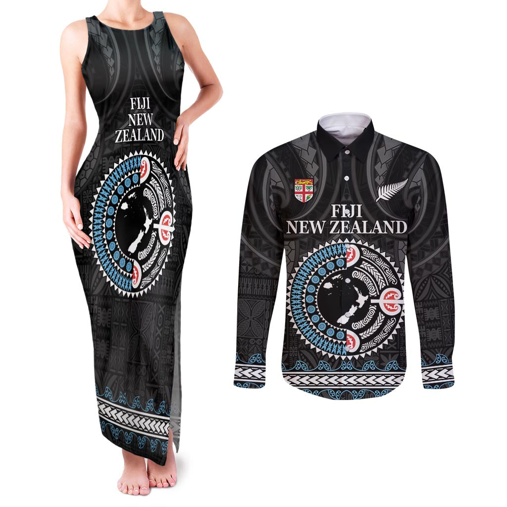 Custom Fiji and New Zealand Couples Matching Tank Maxi Dress and Long Sleeve Button Shirt Maori Fern Mix Tapa Tribal Unique LT9 Black - Polynesian Pride