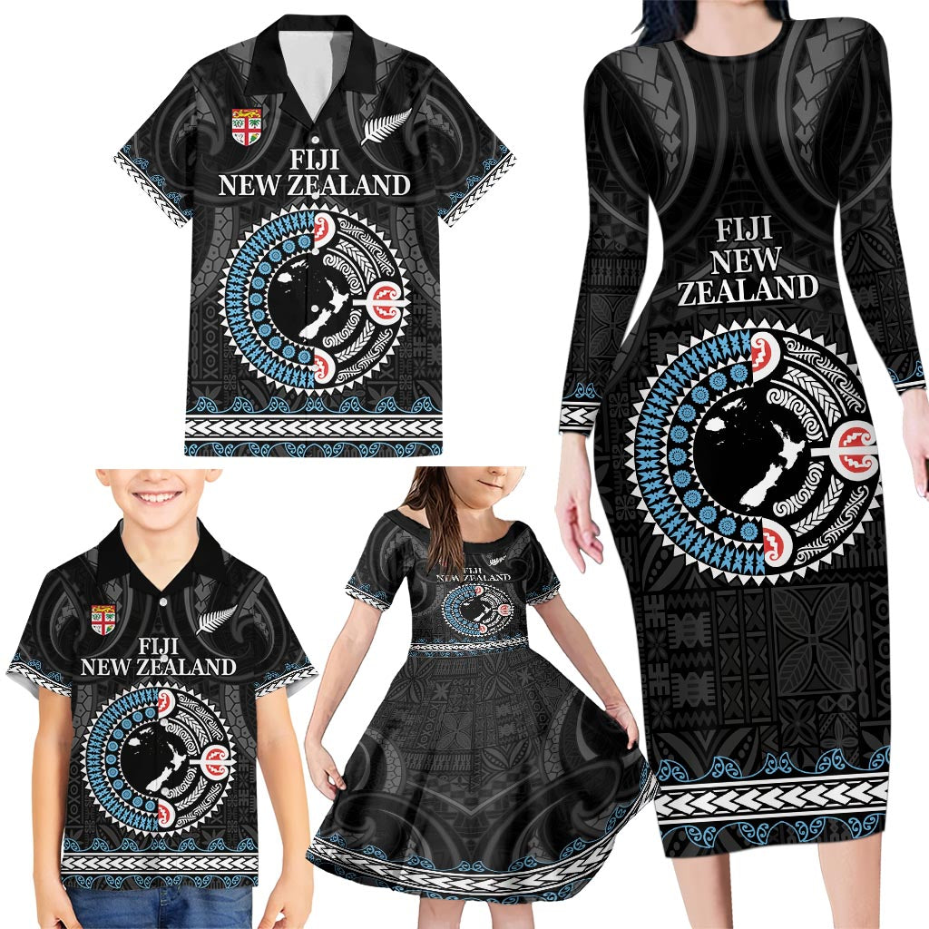 Custom Fiji and New Zealand Family Matching Long Sleeve Bodycon Dress and Hawaiian Shirt Maori Fern Mix Tapa Tribal Unique LT9 - Polynesian Pride
