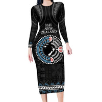 Custom Fiji and New Zealand Family Matching Long Sleeve Bodycon Dress and Hawaiian Shirt Maori Fern Mix Tapa Tribal Unique LT9 Mom's Dress Black - Polynesian Pride