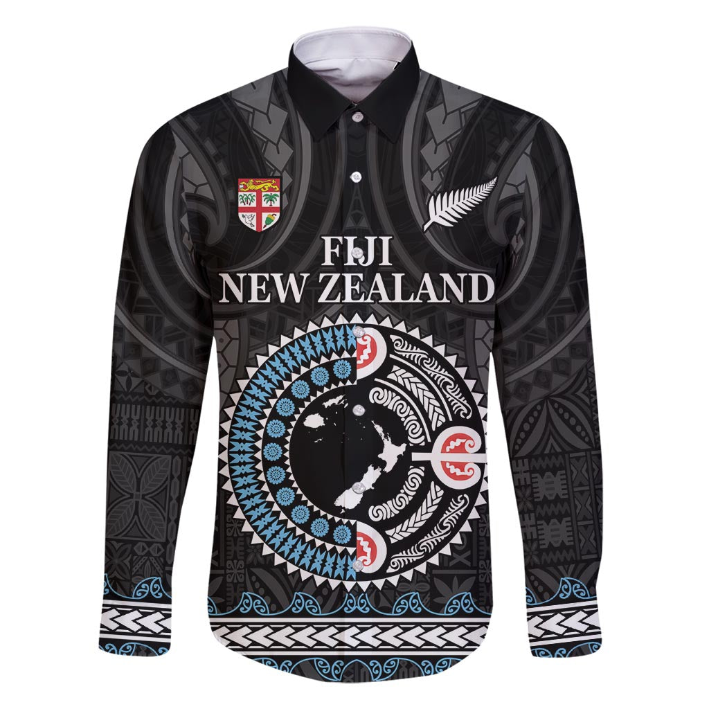 Custom Fiji and New Zealand Family Matching Mermaid Dress and Hawaiian Shirt Maori Fern Mix Tapa Tribal Unique LT9 Dad's Shirt - Long Sleeve Black - Polynesian Pride