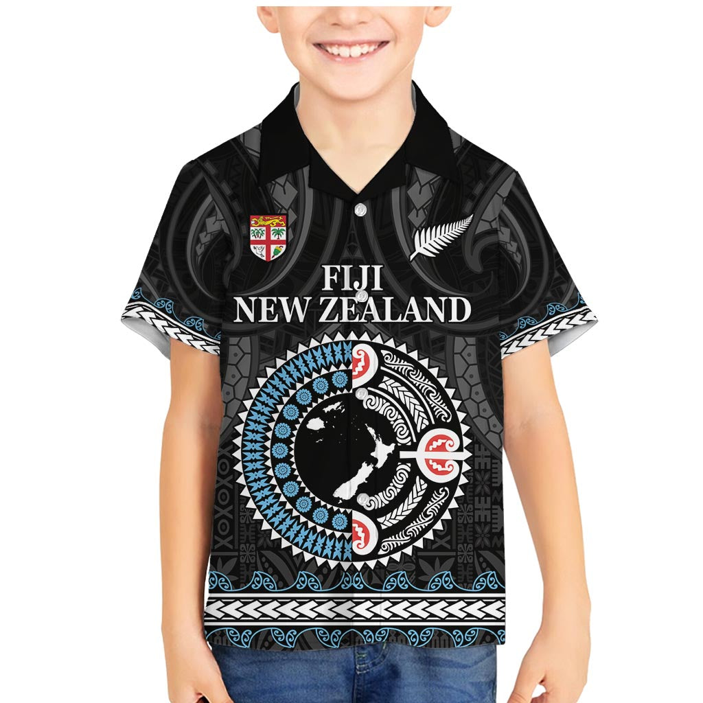 Custom Fiji and New Zealand Family Matching Mermaid Dress and Hawaiian Shirt Maori Fern Mix Tapa Tribal Unique LT9 Son's Shirt Black - Polynesian Pride