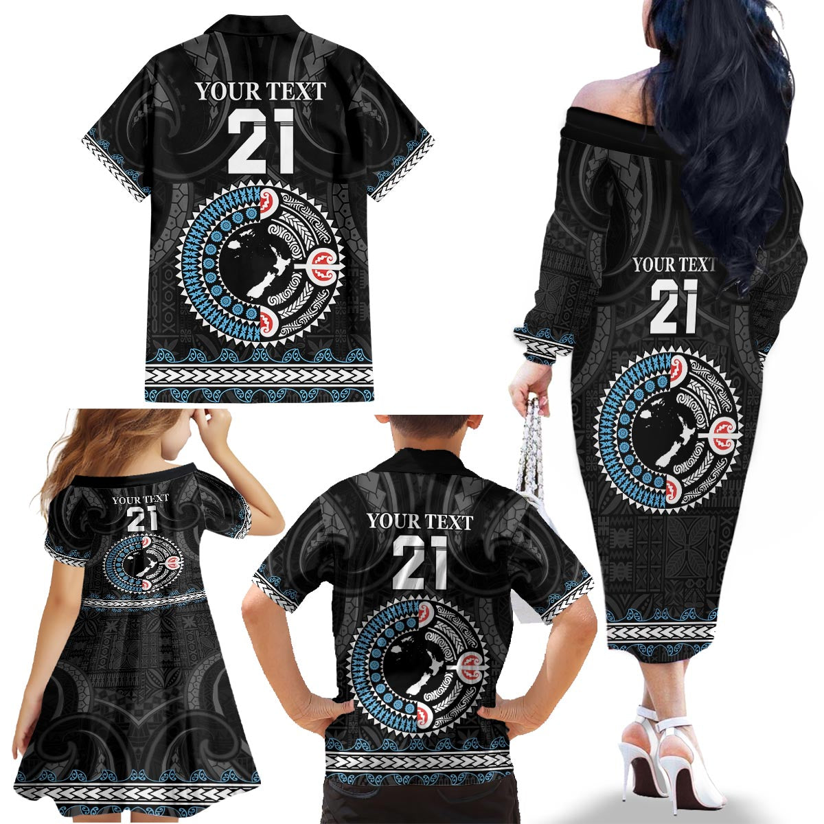 Custom Fiji and New Zealand Family Matching Off The Shoulder Long Sleeve Dress and Hawaiian Shirt Maori Fern Mix Tapa Tribal Unique LT9 - Polynesian Pride